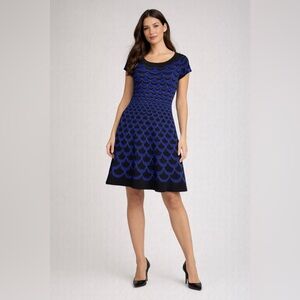 DVF Diane von Furstenberg Alina Blue Black Scallop Knit Dress Size L